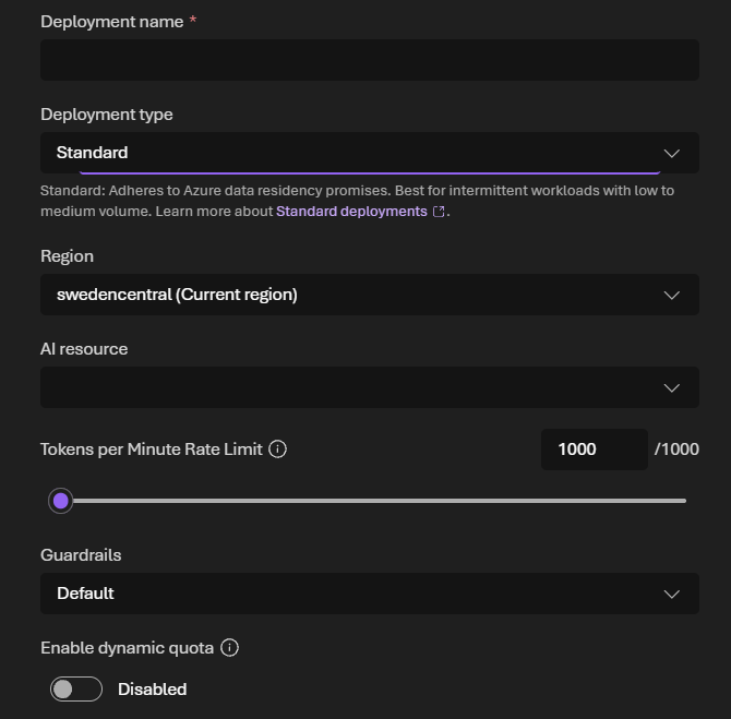 Azure deployment form showing Standard deployment type, Sweden Central region, tokens per minute slider and Default guardrails