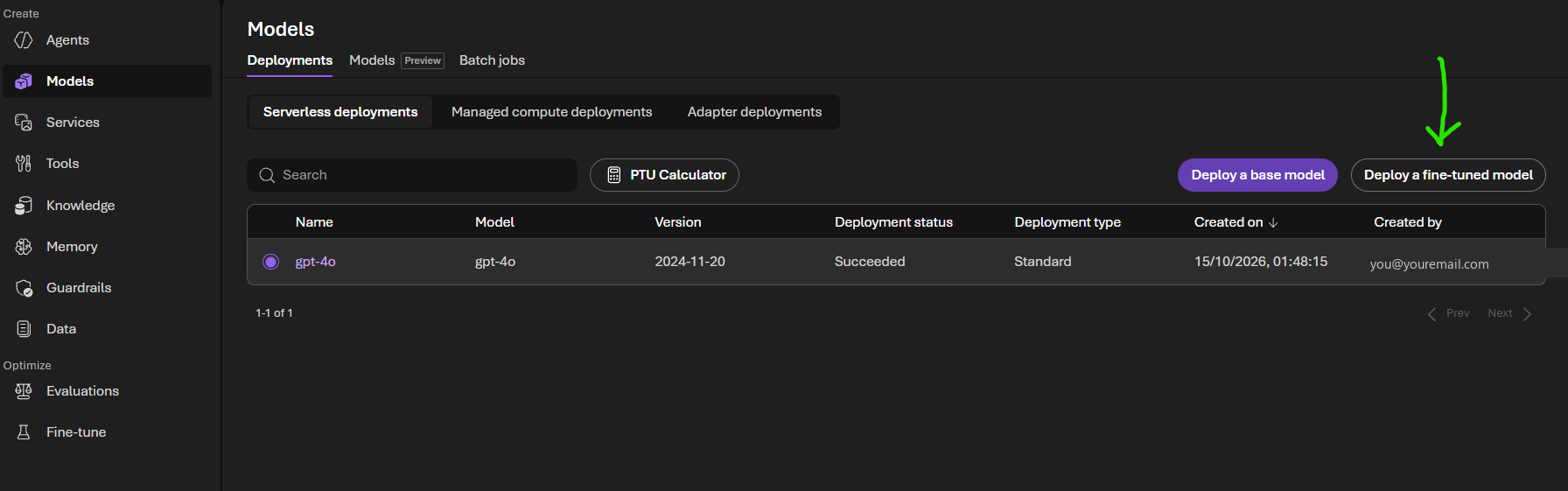 Models and Deployments page with an arrow pointing at the Deploy a fine-tuned model button