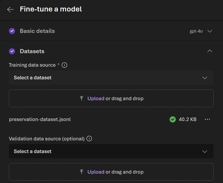 Fine-tuning Datasets panel with preservation-dataset.jsonl uploaded as training data and no validation file