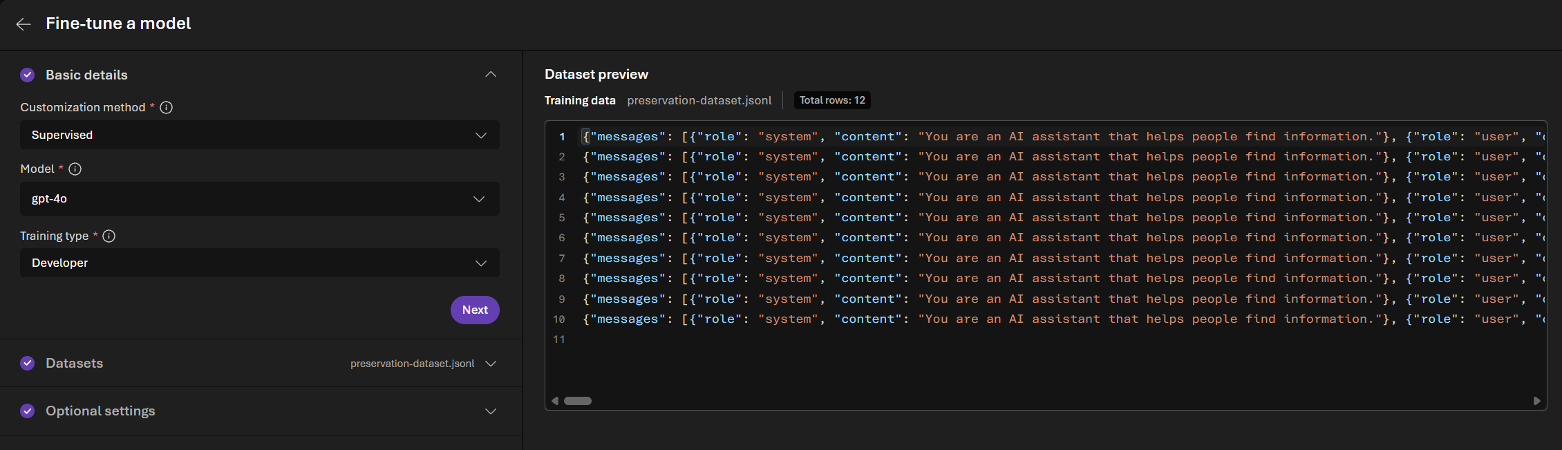 Fine-tune a model screen showing the dataset preview of preservation-dataset.jsonl with 12 rows