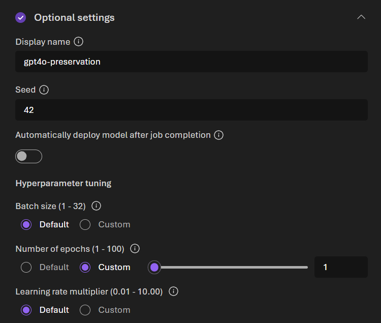 Optional settings panel: display name gpt4o-preservation, seed 42, auto-deploy toggled off, epochs custom set to 1