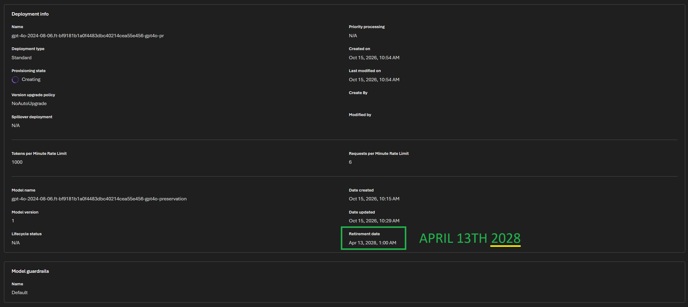 Fine-tuned deployment details page highlighting the Retirement date field reading Apr 13, 2028