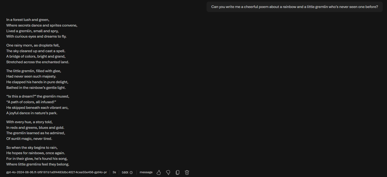 Azure playground showing the fine-tuned GPT-4o writing a cheerful seven-stanza poem about a little gremlin seeing a rainbow for the first time